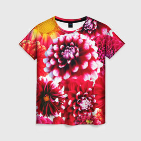 Женская футболка 3D с принтом Яркие цветы в Курске, 100% полиэфир ( синтетическое хлопкоподобное полотно) | прямой крой, круглый вырез горловины, длина до линии бедер | красный | лепестки | прикольные картинки | цветочки | цветы