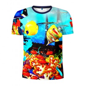Мужская футболка 3D спортивная с принтом Подводный мир в Курске, 100% полиэстер с улучшенными характеристиками | приталенный силуэт, круглая горловина, широкие плечи, сужается к линии бедра | Тематика изображения на принте: 
