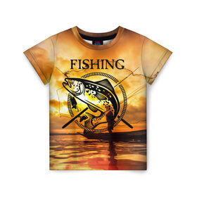 Детская футболка 3D с принтом Рыбалка в Курске, 100% гипоаллергенный полиэфир | прямой крой, круглый вырез горловины, длина до линии бедер, чуть спущенное плечо, ткань немного тянется | boat | clouds | emblem | fish | fishermen | fishing | logo | nature | net | reflection | river | sky | sturgeon | sun | sunset | water | wave | вода | волна | закат | логотип | лодка | небо | облака | осетр | отражение | природа | река | рыба | рыбаки | р
