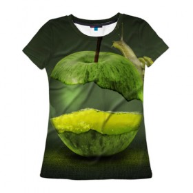 Женская футболка 3D с принтом Яблоко в Курске, 100% полиэфир ( синтетическое хлопкоподобное полотно) | прямой крой, круглый вырез горловины, длина до линии бедер | арт | зеленый | новые | улитка | фантастика | фрукты | яблоко