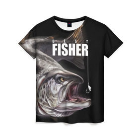 Женская футболка 3D с принтом Лучший рыбак в Курске, 100% полиэфир ( синтетическое хлопкоподобное полотно) | прямой крой, круглый вырез горловины, длина до линии бедер | background | best fisherman | black | fish | fishing | sturgeon | лучший рыбак | осетр | рыба | рыбалка | фон | черный