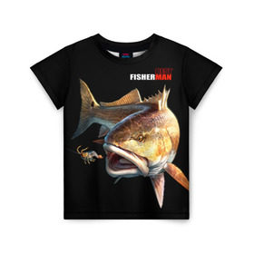 Детская футболка 3D с принтом Лучший рыбак в Курске, 100% гипоаллергенный полиэфир | прямой крой, круглый вырез горловины, длина до линии бедер, чуть спущенное плечо, ткань немного тянется | background | best fisherman | black | fish | fishing | лучший рыбак | рыба | рыбалка | фон | черный