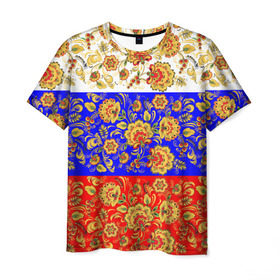 Мужская футболка 3D с принтом Хохлома в Курске, 100% полиэфир | прямой крой, круглый вырез горловины, длина до линии бедер | народный | орнамент | роспись | традиционный | триколор