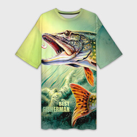 Платье-футболка 3D с принтом Лучший рыбак в Курске,  |  | bait | best fisherman | driftwood | fish | fishing | hook | pike | river bottom | water | вода | дно | коряга | крючок | лучший рыбак | наживка | река | рыба | рыбалка | щука
