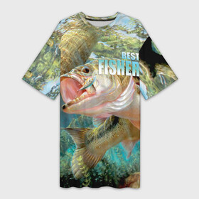 Платье-футболка 3D с принтом Лучший рыбак в Курске,  |  | bait | baubles | best fisherman | driftwood | fish | fishing | hook | perch | river bottom | water | блесна | вода | дно | коряга | крючок | лучший рыбак | наживка | окунь | река | рыба | рыбалка