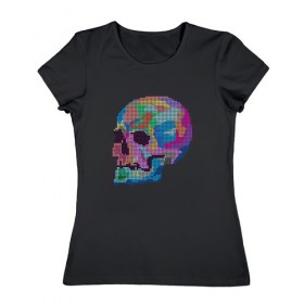Женская футболка хлопок с принтом Psychedelic skull в Курске, 100% хлопок | прямой крой, круглый вырез горловины, длина до линии бедер, слегка спущенное плечо | Тематика изображения на принте: пиксельный | разноцветный | точечный | череп