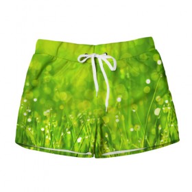 Женские шорты 3D с принтом Роса на траве в Курске, 100% полиэстер | прямой крой, два кармана без застежек по бокам. Мягкая трикотажная резинка на поясе, внутри которой широкие завязки. Длина до середины бедра | зелёный | зелень | луг | роса | яркий