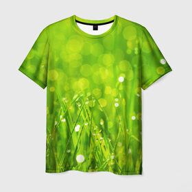 Мужская футболка 3D с принтом Роса на траве в Курске, 100% полиэфир | прямой крой, круглый вырез горловины, длина до линии бедер | Тематика изображения на принте: зелёный | зелень | луг | роса | яркий