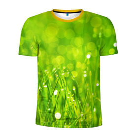 Мужская футболка 3D спортивная с принтом Роса на траве в Курске, 100% полиэстер с улучшенными характеристиками | приталенный силуэт, круглая горловина, широкие плечи, сужается к линии бедра | зелёный | зелень | луг | роса | яркий