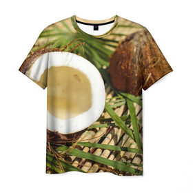 Мужская футболка 3D с принтом Кокос в Курске, 100% полиэфир | прямой крой, круглый вырез горловины, длина до линии бедер | Тематика изображения на принте: бамбук | белый | еда | зеленый | кокос | лето | листья | орех | природа | продукты