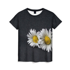Женская футболка 3D с принтом Ромашки в Курске, 100% полиэфир ( синтетическое хлопкоподобное полотно) | прямой крой, круглый вырез горловины, длина до линии бедер | зелень | лепестки | пара | природа | растения | ромашки | цветы