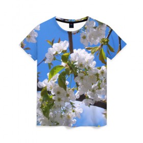 Женская футболка 3D с принтом Вишнёвый цвет в Курске, 100% полиэфир ( синтетическое хлопкоподобное полотно) | прямой крой, круглый вырез горловины, длина до линии бедер | весна | вишня | лепестки | прикольные картинки | цветение | цветы