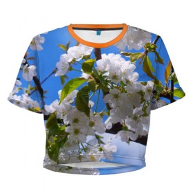 Женская футболка 3D укороченная с принтом Вишнёвый цвет в Курске, 100% полиэстер | круглая горловина, длина футболки до линии талии, рукава с отворотами | весна | вишня | лепестки | прикольные картинки | цветение | цветы
