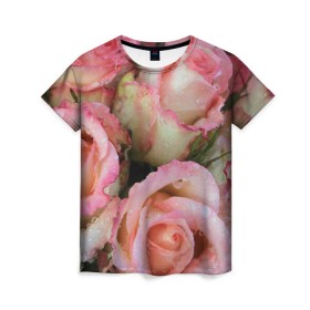 Женская футболка 3D с принтом Розы в Курске, 100% полиэфир ( синтетическое хлопкоподобное полотно) | прямой крой, круглый вырез горловины, длина до линии бедер | букет | вода | капли | лепестки | природа | растения | розовые | розы | роса | цветок | цветы