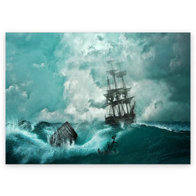 Поздравительная открытка с принтом Море в Курске, 100% бумага | плотность бумаги 280 г/м2, матовая, на обратной стороне линовка и место для марки
 | бочка | вода | волны | корабль | море | небо | новые | облака | океан | природа | шторм | якорь