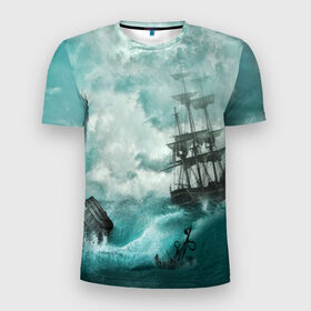 Мужская футболка 3D спортивная с принтом Море в Курске, 100% полиэстер с улучшенными характеристиками | приталенный силуэт, круглая горловина, широкие плечи, сужается к линии бедра | бочка | вода | волны | корабль | море | небо | новые | облака | океан | природа | шторм | якорь