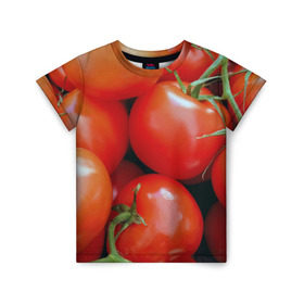 Детская футболка 3D с принтом Томаты в Курске, 100% гипоаллергенный полиэфир | прямой крой, круглый вырез горловины, длина до линии бедер, чуть спущенное плечо, ткань немного тянется | дача | еда | зелень | красный | овощи | огород | помидоры | томаты