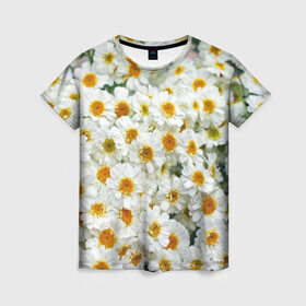 Женская футболка 3D с принтом Ромашки в Курске, 100% полиэфир ( синтетическое хлопкоподобное полотно) | прямой крой, круглый вырез горловины, длина до линии бедер | букет | зелень | лепестки | природа | растения | ромашки | цветы