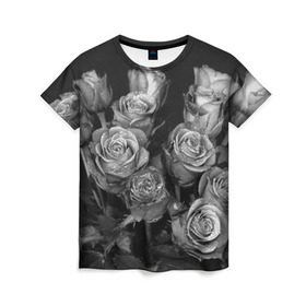 Женская футболка 3D с принтом Черно-белые розы в Курске, 100% полиэфир ( синтетическое хлопкоподобное полотно) | прямой крой, круглый вырез горловины, длина до линии бедер | Тематика изображения на принте: букет | цветы