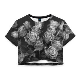 Женская футболка 3D укороченная с принтом Черно-белые розы в Курске, 100% полиэстер | круглая горловина, длина футболки до линии талии, рукава с отворотами | букет | цветы