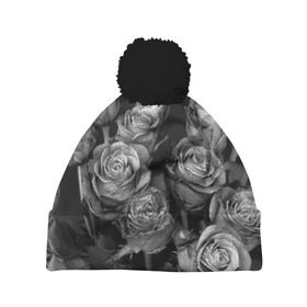 Шапка 3D c помпоном с принтом Черно-белые розы в Курске, 100% полиэстер | универсальный размер, печать по всей поверхности изделия | Тематика изображения на принте: букет | цветы