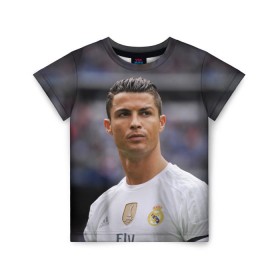 Детская футболка 3D с принтом Cristiano Ronaldo в Курске, 100% гипоаллергенный полиэфир | прямой крой, круглый вырез горловины, длина до линии бедер, чуть спущенное плечо, ткань немного тянется | Тематика изображения на принте: криштиану роналду | реал мадрид