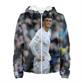 Женская куртка 3D с принтом Cristiano Ronaldo в Курске, ткань верха — 100% полиэстер, подклад — флис | прямой крой, подол и капюшон оформлены резинкой с фиксаторами, два кармана без застежек по бокам, один большой потайной карман на груди. Карман на груди застегивается на липучку | криштиану роналду | реал мадрид