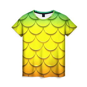 Женская футболка 3D с принтом Волны в Курске, 100% полиэфир ( синтетическое хлопкоподобное полотно) | прямой крой, круглый вырез горловины, длина до линии бедер | желтый | паттерн | чешуя