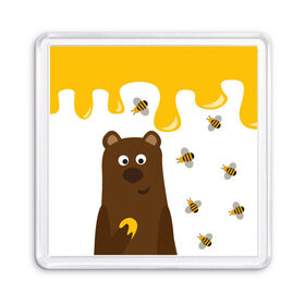 Магнит 55*55 с принтом Медведь в мёде в Курске, Пластик | Размер: 65*65 мм; Размер печати: 55*55 мм | мёд | медведь | миша | пчелы