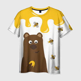 Мужская футболка 3D с принтом Медведь в мёде в Курске, 100% полиэфир | прямой крой, круглый вырез горловины, длина до линии бедер | Тематика изображения на принте: мёд | медведь | миша | пчелы