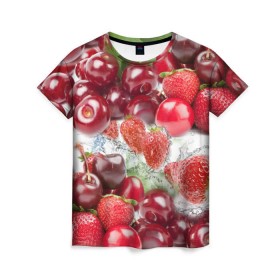 Женская футболка 3D с принтом Ягоды и брызги в Курске, 100% полиэфир ( синтетическое хлопкоподобное полотно) | прямой крой, круглый вырез горловины, длина до линии бедер | брызги | вишня | вода | клубника | летний | лето | нежный | сочный | ягода