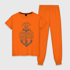 Женская пижама хлопок с принтом Гладкое море в Курске, 100% хлопок | брюки и футболка прямого кроя, без карманов, на брюках мягкая резинка на поясе и по низу штанин | море | моряк | символы | якорь
