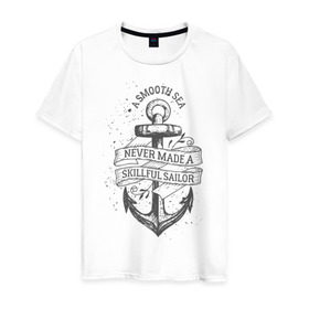 Мужская футболка хлопок с принтом Гладкое море в Курске, 100% хлопок | прямой крой, круглый вырез горловины, длина до линии бедер, слегка спущенное плечо. | море | моряк | символы | якорь