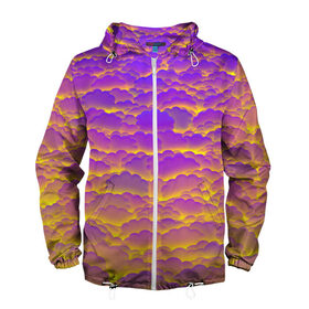 Мужская ветровка 3D с принтом Фиолетовые облака в Курске, 100% полиэстер | подол и капюшон оформлены резинкой с фиксаторами, два кармана без застежек по бокам, один потайной карман на груди | закат | небо | облака | солнце | тучи