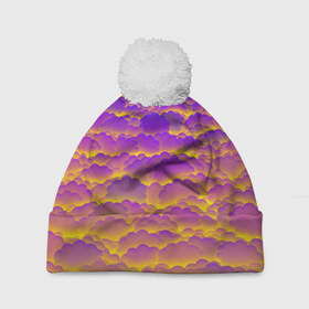 Шапка 3D c помпоном с принтом Фиолетовые облака в Курске, 100% полиэстер | универсальный размер, печать по всей поверхности изделия | закат | небо | облака | солнце | тучи