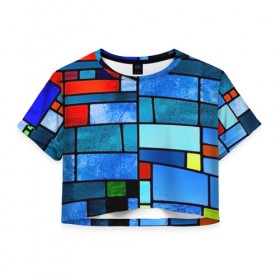 Женская футболка 3D укороченная с принтом Мозаичная абстракция в Курске, 100% полиэстер | круглая горловина, длина футболки до линии талии, рукава с отворотами | линии | орнамент | прикольные картинки | узор | цвет