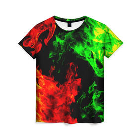 Женская футболка 3D с принтом Огненная битва в Курске, 100% полиэфир ( синтетическое хлопкоподобное полотно) | прямой крой, круглый вырез горловины, длина до линии бедер | дым | зеленый | красный | огонь