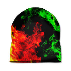 Шапка 3D с принтом Огненная битва в Курске, 100% полиэстер | универсальный размер, печать по всей поверхности изделия | дым | зеленый | красный | огонь