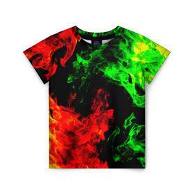 Детская футболка 3D с принтом Огненная битва в Курске, 100% гипоаллергенный полиэфир | прямой крой, круглый вырез горловины, длина до линии бедер, чуть спущенное плечо, ткань немного тянется | дым | зеленый | красный | огонь