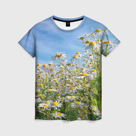 Женская футболка 3D с принтом Ромашковый рай в Курске, 100% полиэфир ( синтетическое хлопкоподобное полотно) | прямой крой, круглый вырез горловины, длина до линии бедер | лепестки | небо | прикольные картинки | ромашки | солнце | цветочки | цветы