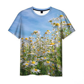 Мужская футболка 3D с принтом Ромашковый рай в Курске, 100% полиэфир | прямой крой, круглый вырез горловины, длина до линии бедер | Тематика изображения на принте: лепестки | небо | прикольные картинки | ромашки | солнце | цветочки | цветы