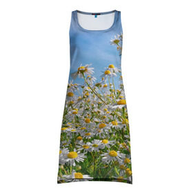 Платье-майка 3D с принтом Ромашковый рай в Курске, 100% полиэстер | полуприлегающий силуэт, широкие бретели, круглый вырез горловины, удлиненный подол сзади. | лепестки | небо | прикольные картинки | ромашки | солнце | цветочки | цветы