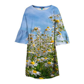 Детское платье 3D с принтом Ромашковый рай в Курске, 100% полиэстер | прямой силуэт, чуть расширенный к низу. Круглая горловина, на рукавах — воланы | Тематика изображения на принте: лепестки | небо | прикольные картинки | ромашки | солнце | цветочки | цветы