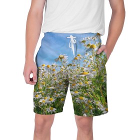 Мужские шорты 3D с принтом Ромашковый рай в Курске,  полиэстер 100% | прямой крой, два кармана без застежек по бокам. Мягкая трикотажная резинка на поясе, внутри которой широкие завязки. Длина чуть выше колен | лепестки | небо | прикольные картинки | ромашки | солнце | цветочки | цветы