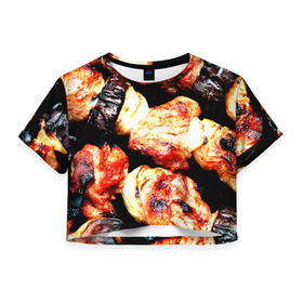 Женская футболка 3D укороченная с принтом Шашлыки в Курске, 100% полиэстер | круглая горловина, длина футболки до линии талии, рукава с отворотами | лето | мясо | шампур