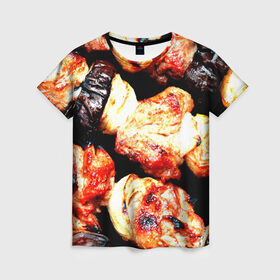 Женская футболка 3D с принтом Шашлыки в Курске, 100% полиэфир ( синтетическое хлопкоподобное полотно) | прямой крой, круглый вырез горловины, длина до линии бедер | лето | мясо | шампур