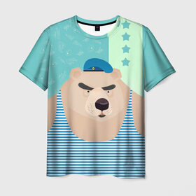 Мужская футболка 3D с принтом Медведь - вдвшник в Курске, 100% полиэфир | прямой крой, круглый вырез горловины, длина до линии бедер | вдв | военные | военный | воздушные войска | медведь | морпех | нас мало но мы в тельняшках | русский | солдат | тельняшка