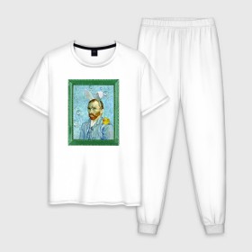 Мужская пижама хлопок с принтом Детство Ван Гога в Курске, 100% хлопок | брюки и футболка прямого кроя, без карманов, на брюках мягкая резинка на поясе и по низу штанин
 | автопортрет | ван гог | детство | зайчик | зелёный | личность | портрет | рама | рамка | синий | уточка | ушки