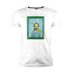 Мужская футболка премиум с принтом Детство Ван Гога в Курске, 92% хлопок, 8% лайкра | приталенный силуэт, круглый вырез ворота, длина до линии бедра, короткий рукав | автопортрет | ван гог | детство | зайчик | зелёный | личность | портрет | рама | рамка | синий | уточка | ушки