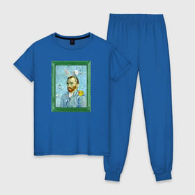 Женская пижама хлопок с принтом Детство Ван Гога в Курске, 100% хлопок | брюки и футболка прямого кроя, без карманов, на брюках мягкая резинка на поясе и по низу штанин | автопортрет | ван гог | детство | зайчик | зелёный | личность | портрет | рама | рамка | синий | уточка | ушки